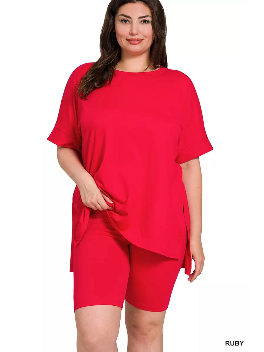 Zenana Full Size Brushed Dty Microfiber Round Neck Top and Biker Shorts Set Plus Size NicholesGifts
