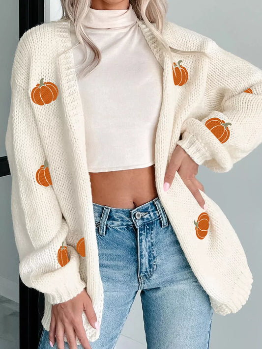 Halloween Pumpkin Embroidered Knit Cardigan