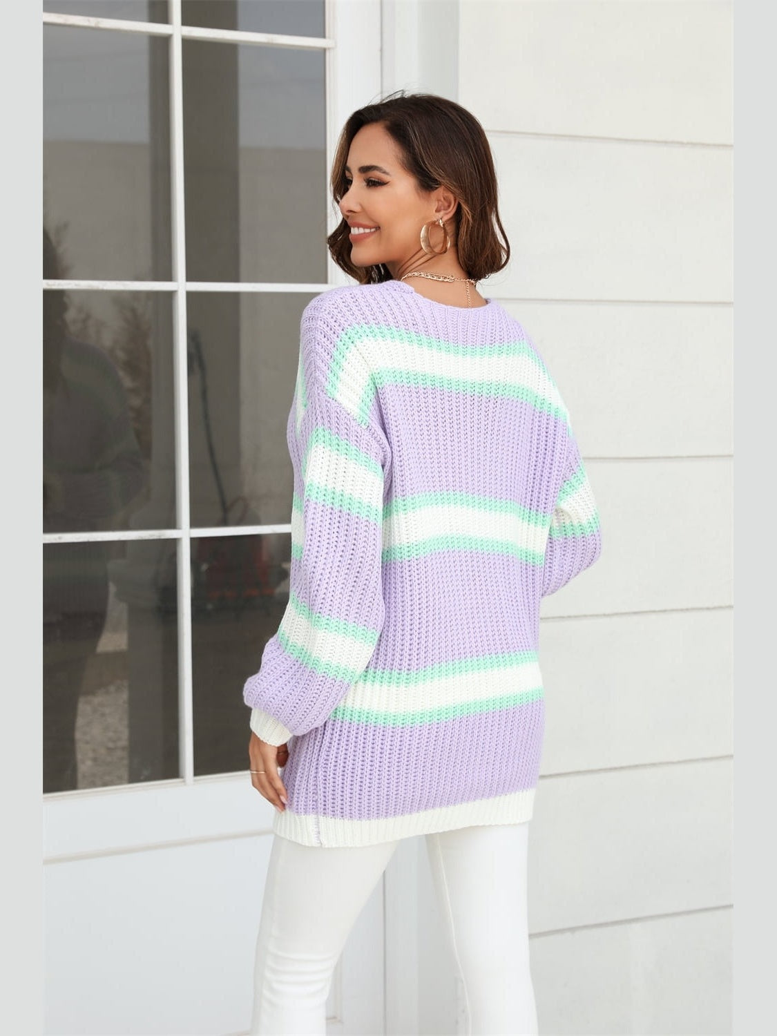 Women Color Block Ribbed Dropped Shoulder Open Front Cardigan