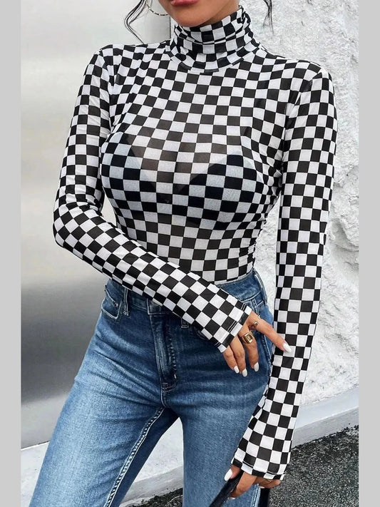 Checkered Turtleneck Long Sleeve Bodysuit nicholesgifts