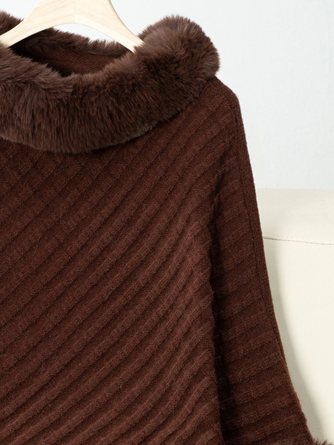 NicholesGifts Women Fuzzy Trim Texture Three-Quarter Sleeve Poncho NicholesGifts