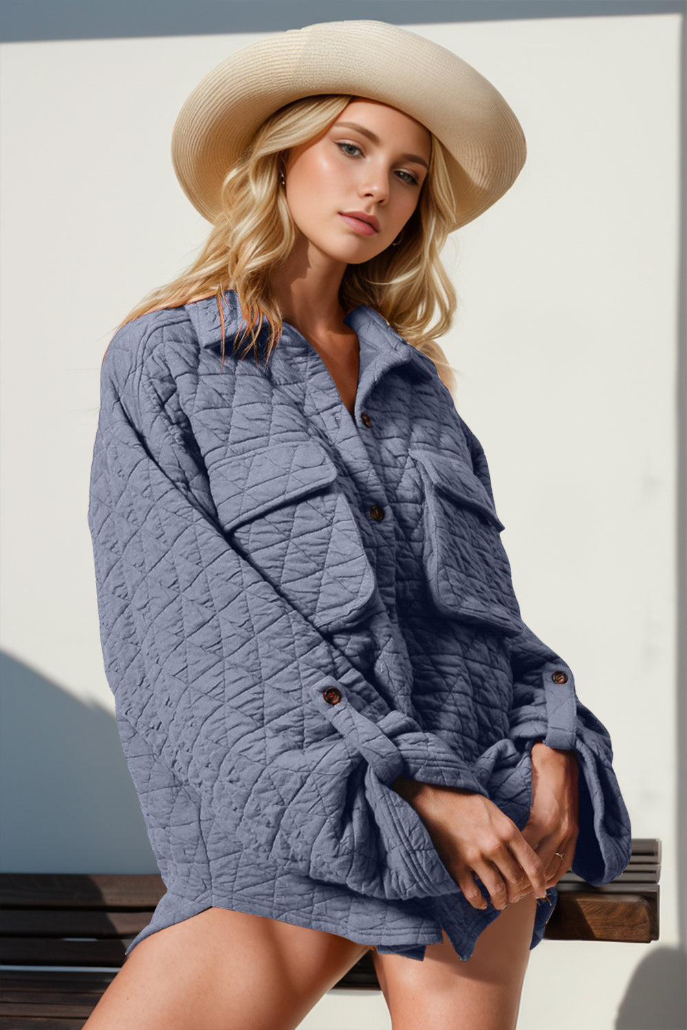NicholesGifts Women Double Take Button Up Quilted Shacket with Chest Pockets NicholesGifts