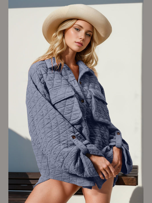 NicholesGifts Women Double Take Button Up Quilted Shacket with Chest Pockets