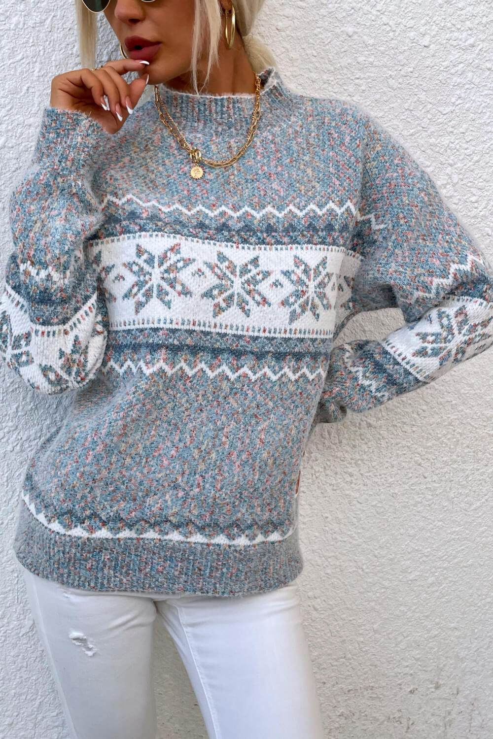 NicholesGifts Women Snowflake Pattern Mock Neck Sweater NicholesGifts