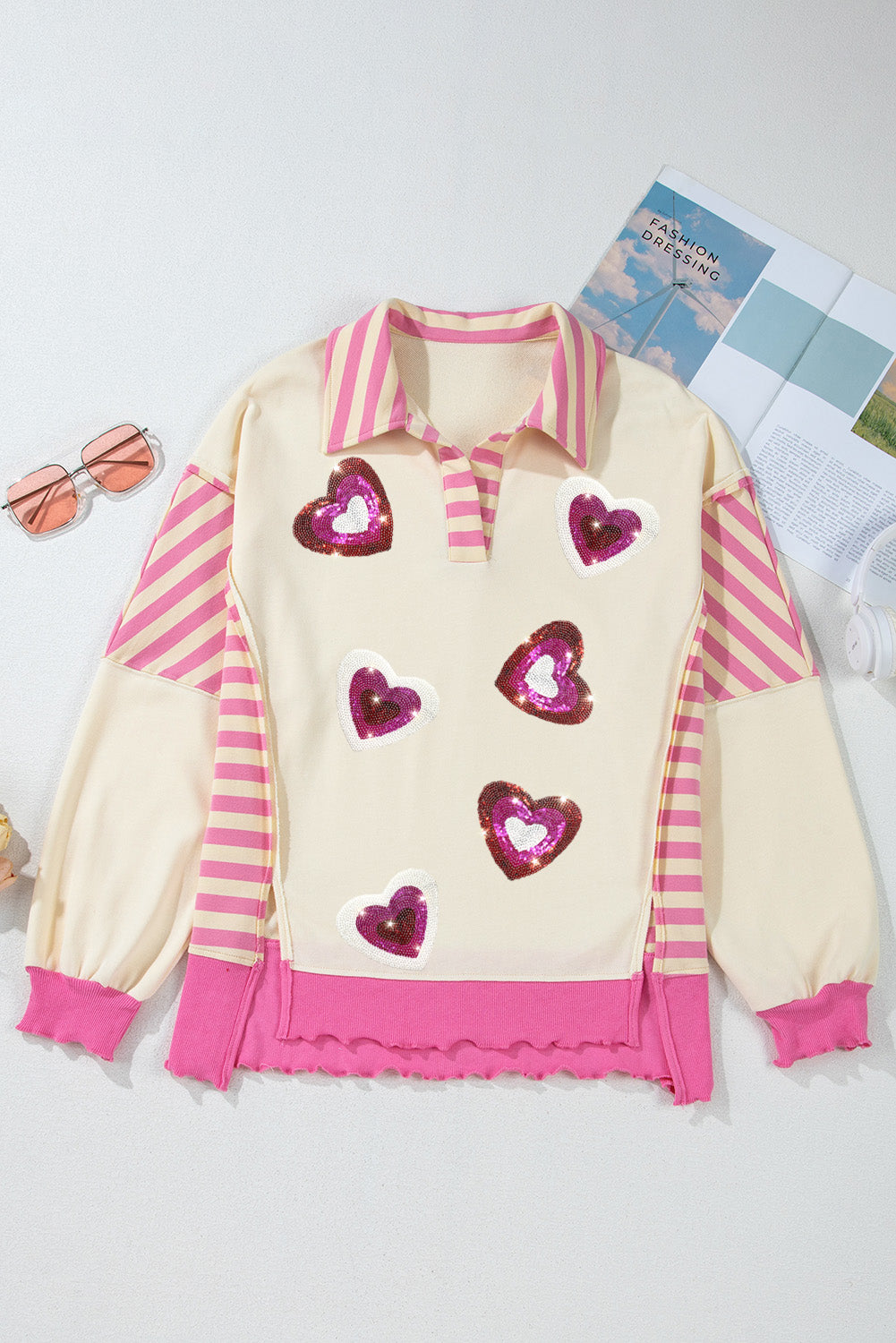 Women Valentine’s Day Sequin Heart Pattern Long Sleeve Sweatshirt NicholesGifts