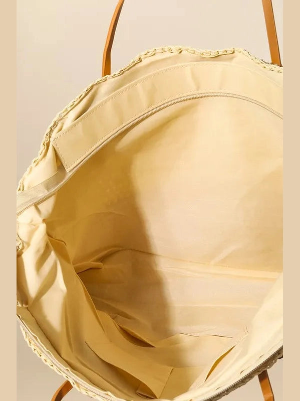 Fame Straw Braided Beach Tote Bag