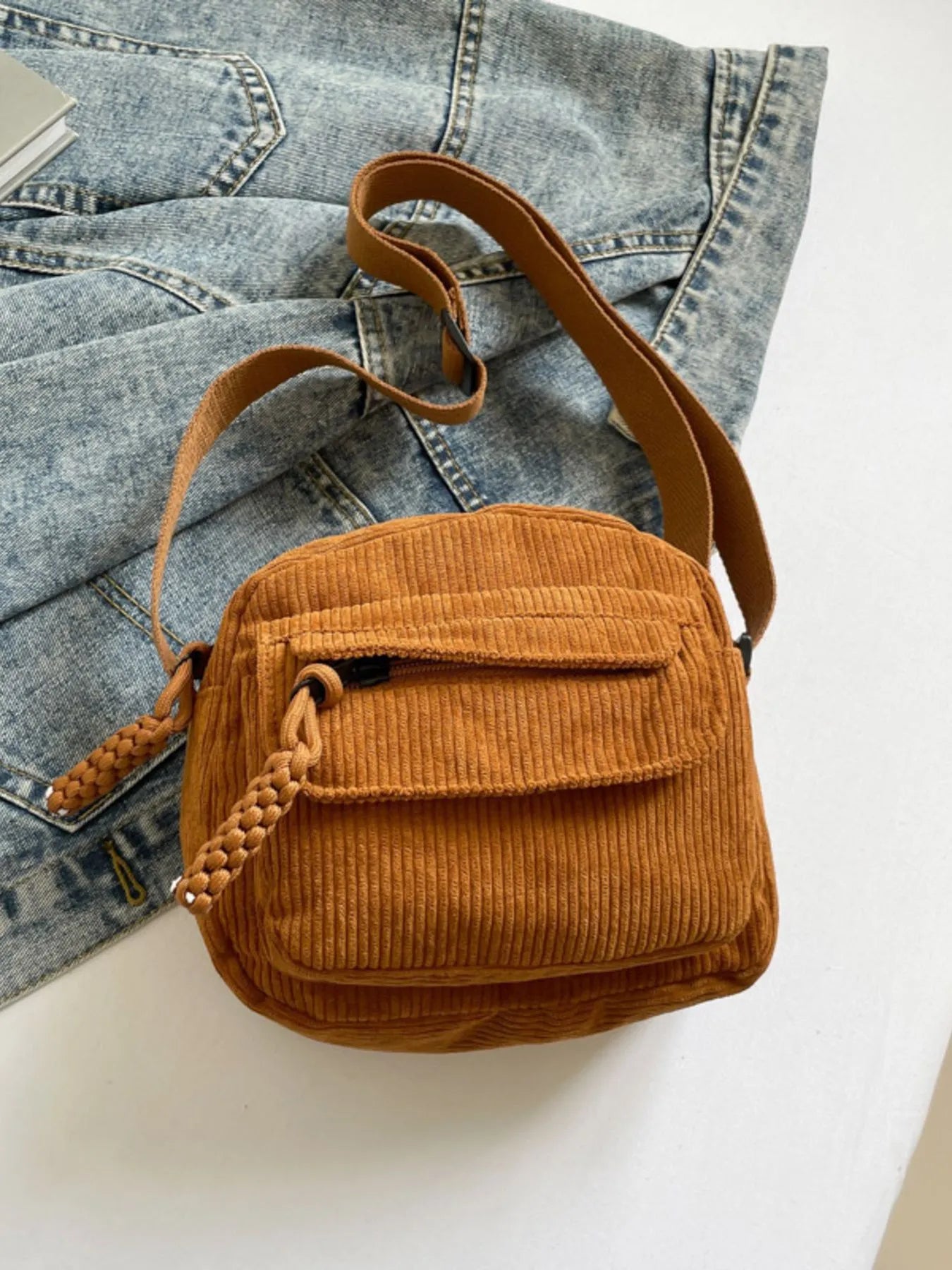 Corduroy Crossbody Bag with Adjustable Strap Trendsi