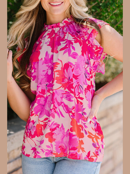 Frill Floral Mock Neck Cap Sleeve Blouse