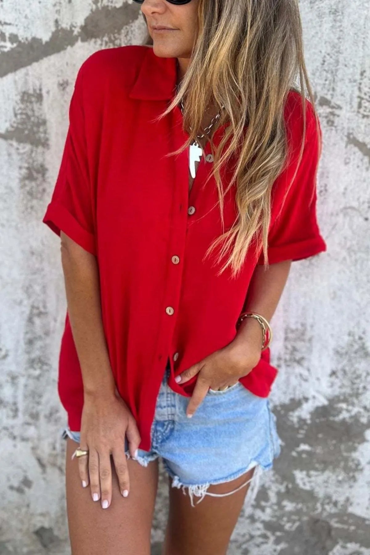 Full Size Casual Button Down Short Sleeve Loose Shirt Plus Size Trendsi