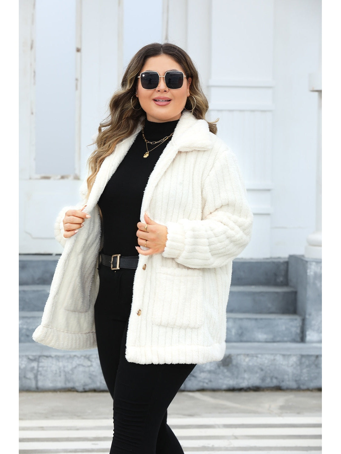 Plus Size Fuzzy Collared Neck Long Sleeve Jacket