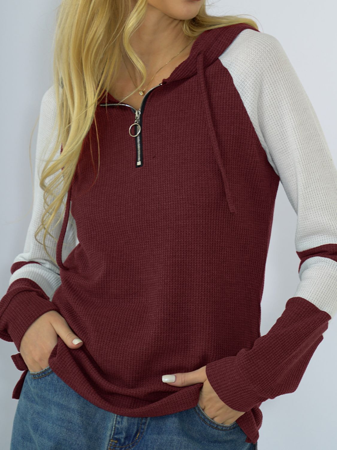 NicholesGifts Women Shiny Waffle-Knit Raglan Sleeve Zipper Front Hoodie NicholesGifts