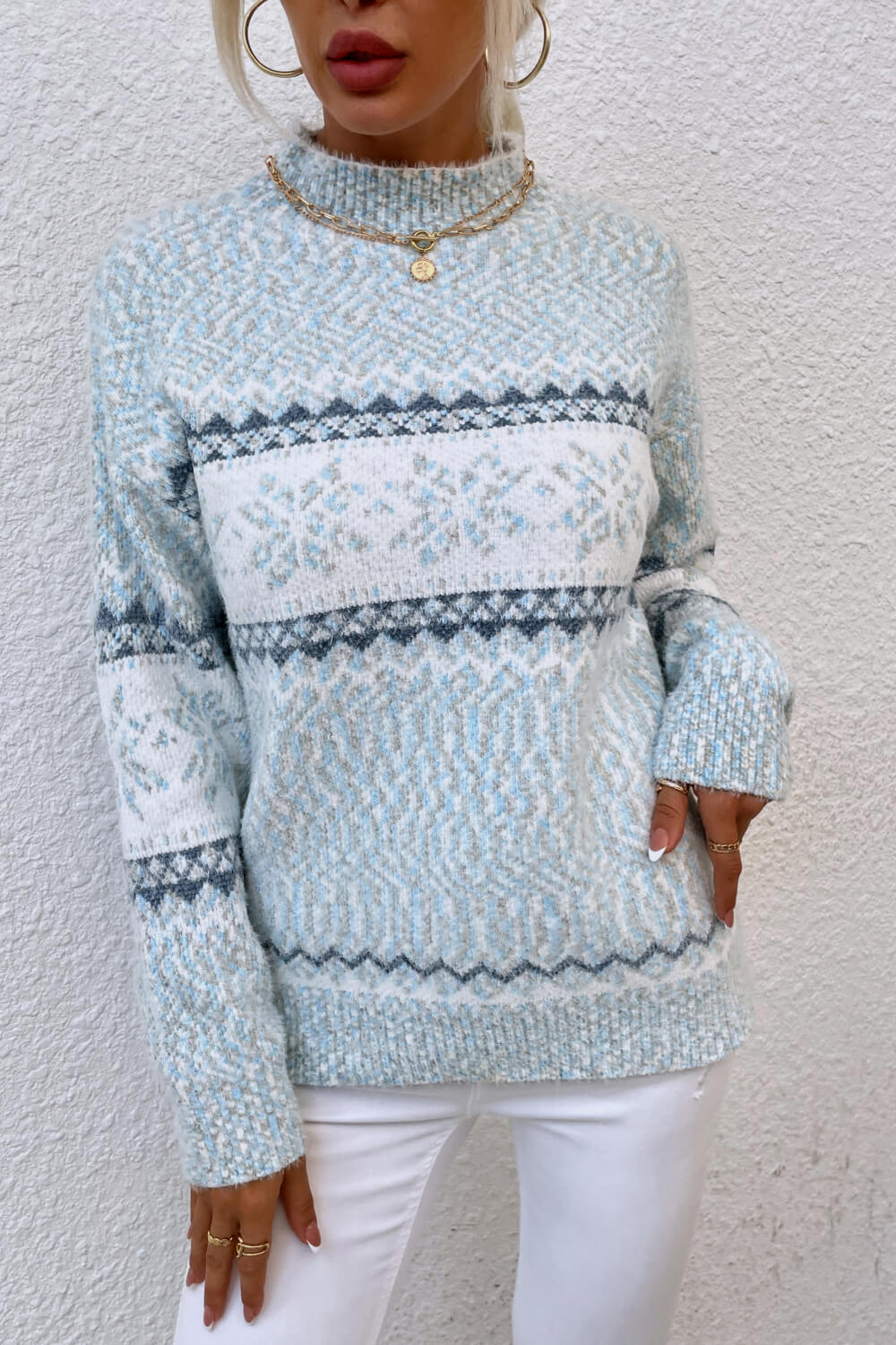 NicholesGifts Women Snowflake Pattern Mock Neck Sweater NicholesGifts
