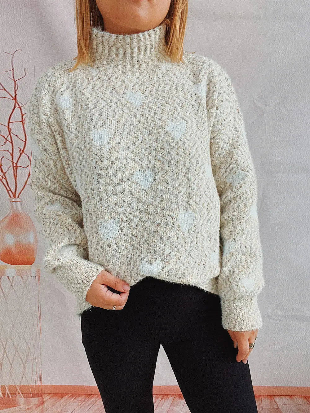 Heart Heathered Turtleneck Drop Shoulder Sweater Trendsi