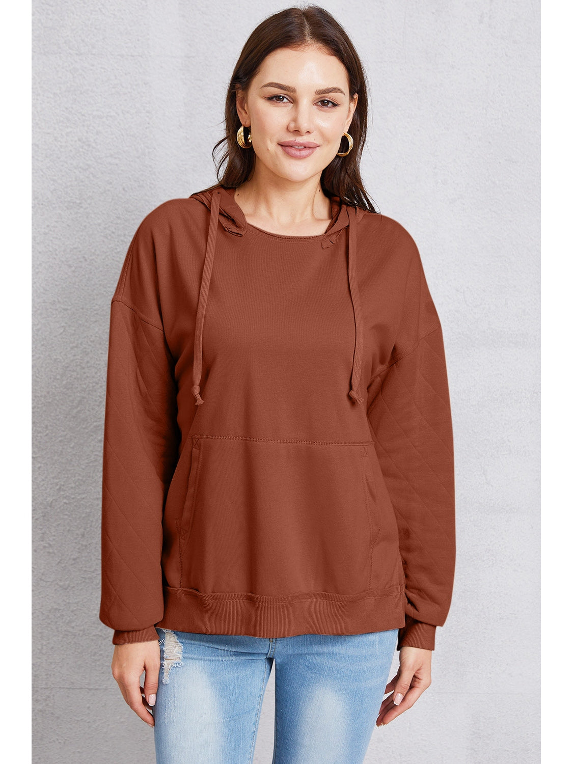 NicholesGifts Women Drawstring Kangaroo Pocket Dropped Shoulder Hoodie NicholesGifts
