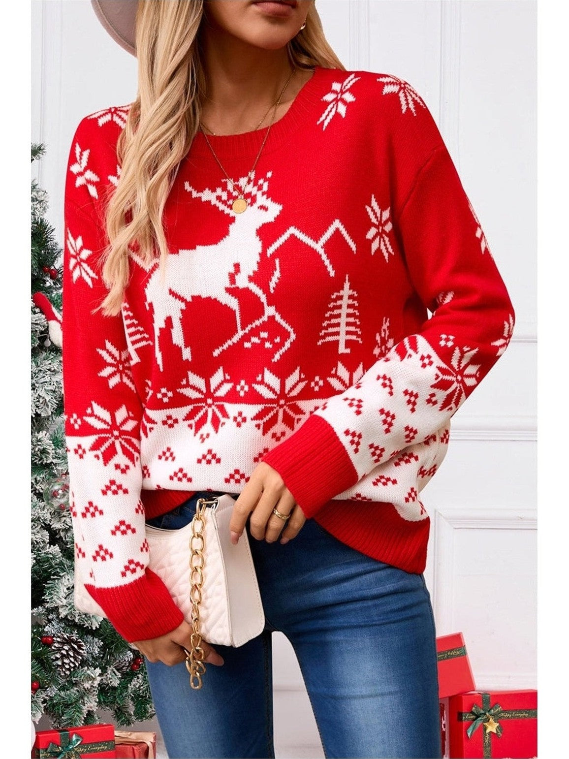 Angel Wings Deer Pattern Round Neck Long Sleeve Sweater