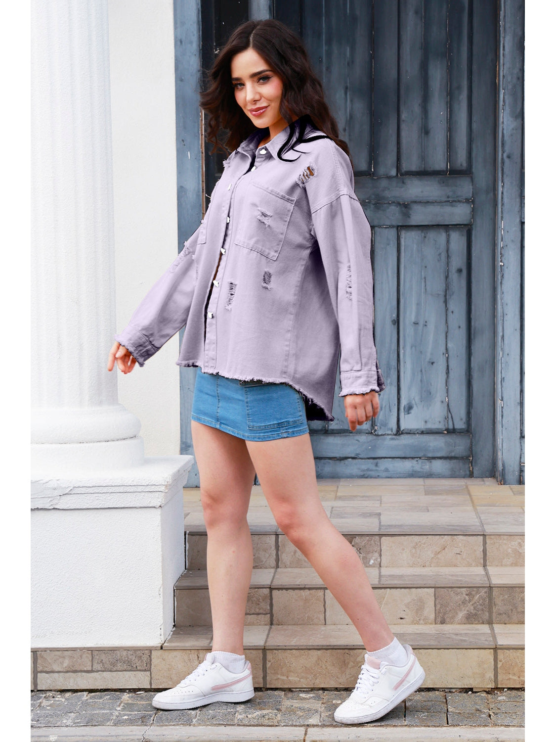 NicholesGifts Women Distressed Button Up Raw Hem Denim Jacket NicholesGifts