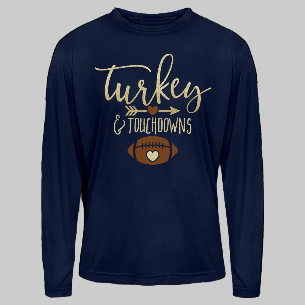 Men's Turkey and Touchdowns Long-Sleeve Thanksgiving T-Shirt - dark navy