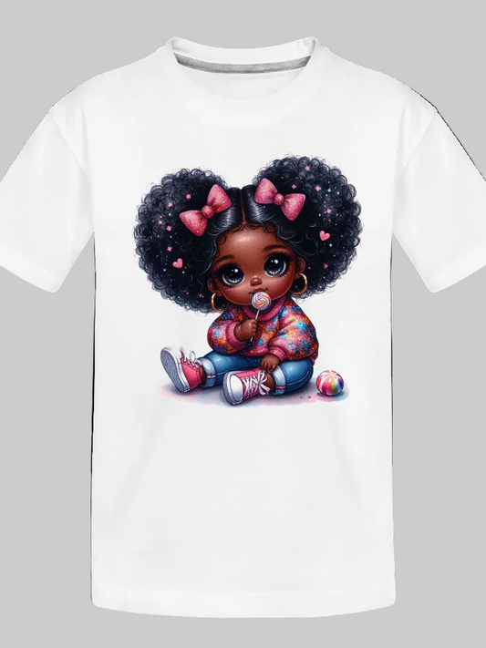 African American Toddler Girls Pink Bows Organic Short Sleeve T-Shirt nicholesgifts