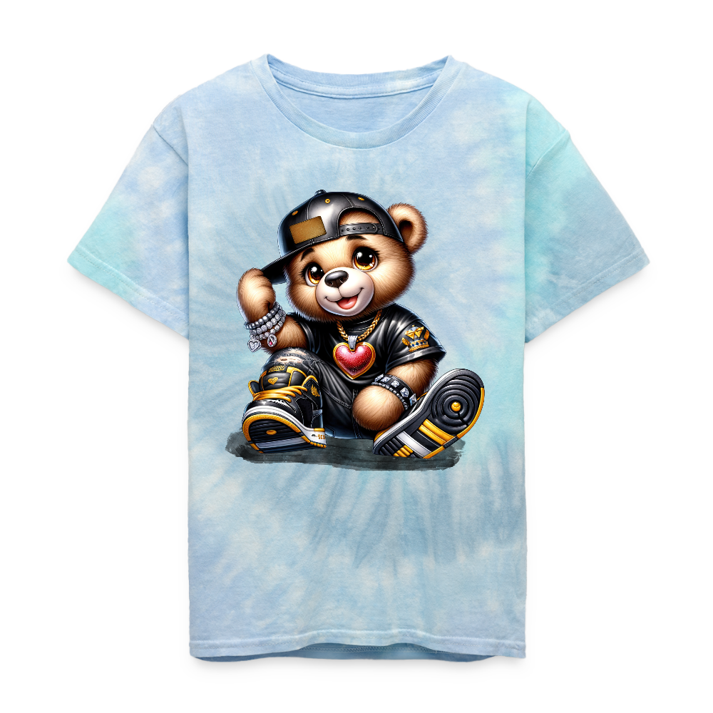 Boys Teddy Bear and Black Hat Blue Tie Dye Short Sleeve T-Shirt NicholesGifts