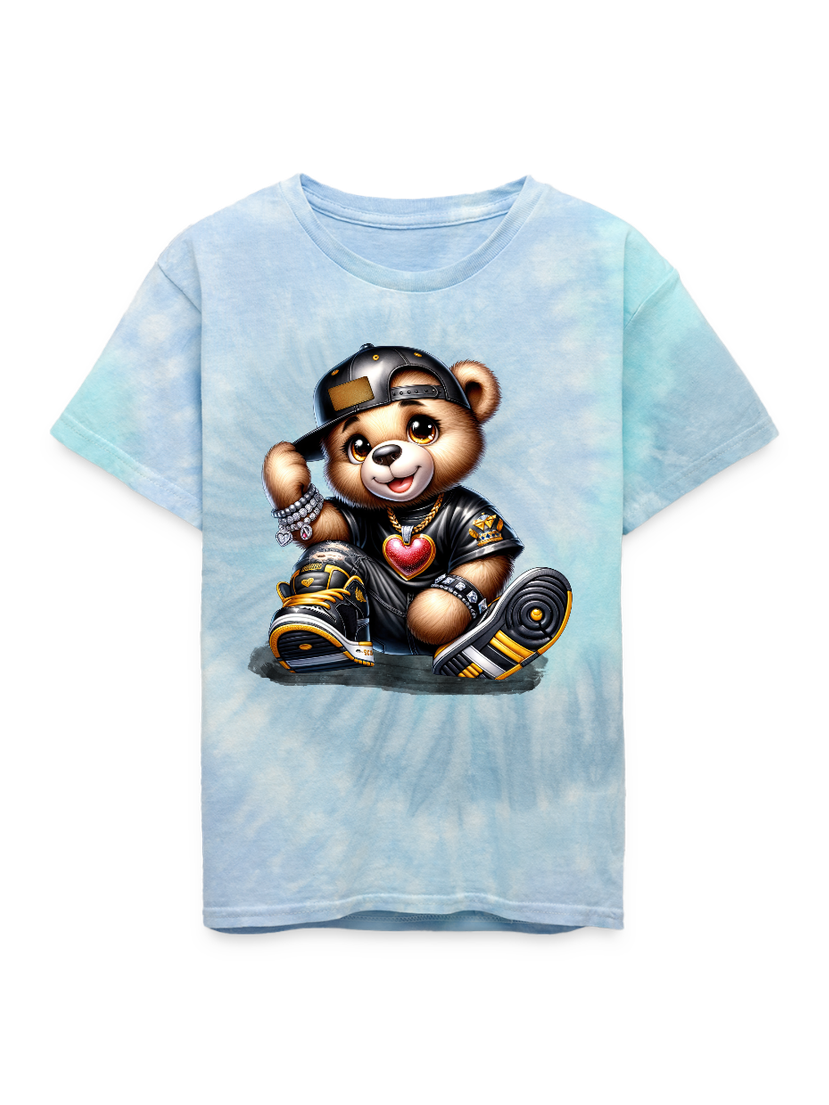 Boys Teddy Bear and Black Hat Blue Tie Dye Short Sleeve T-Shirt NicholesGifts