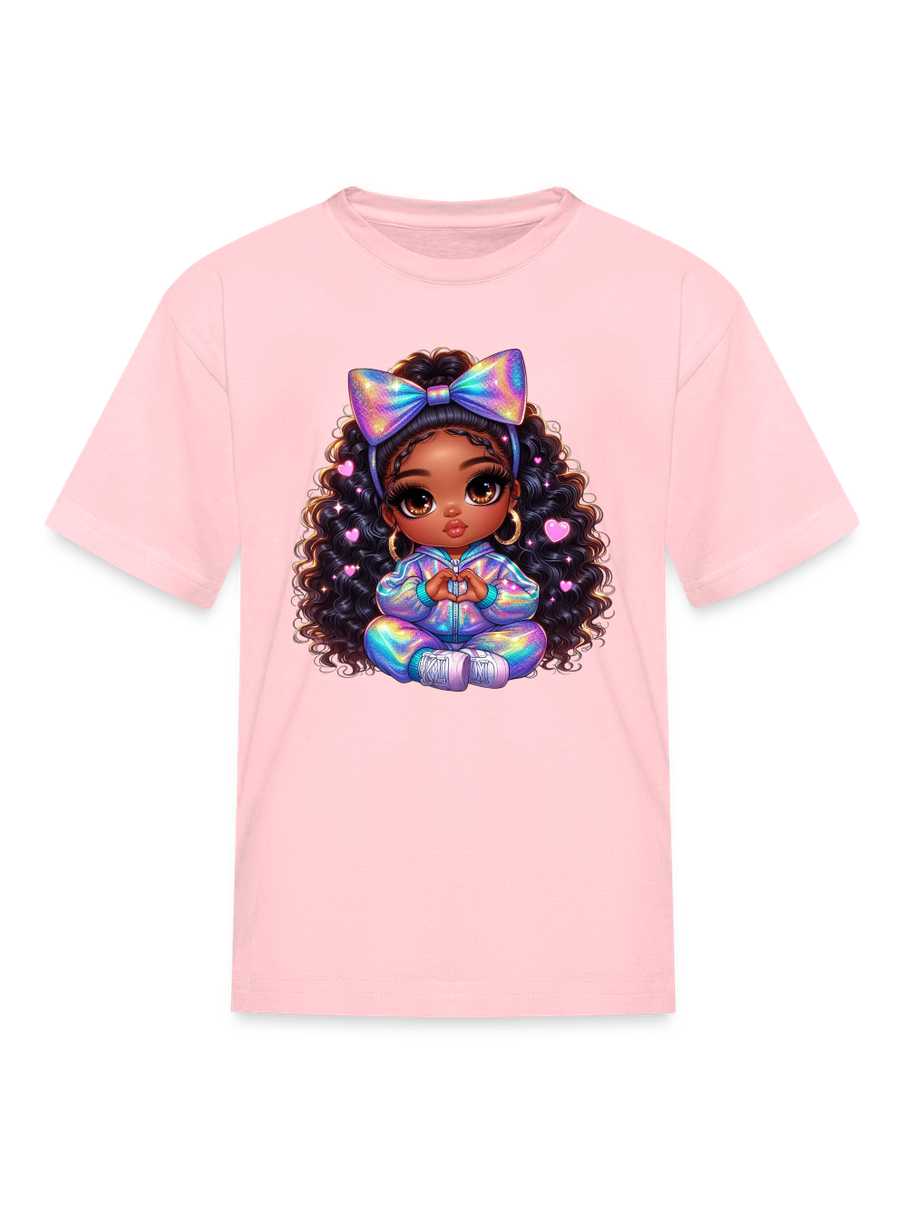 African American Girls Pretty Bow and Hearts Short Sleeve T-Shirt