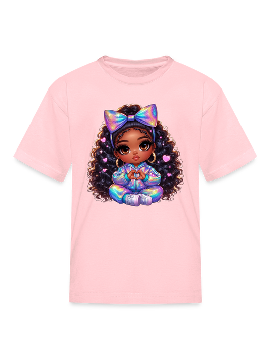 African American Girls Pretty Bow and Hearts Short Sleeve T-Shirt
