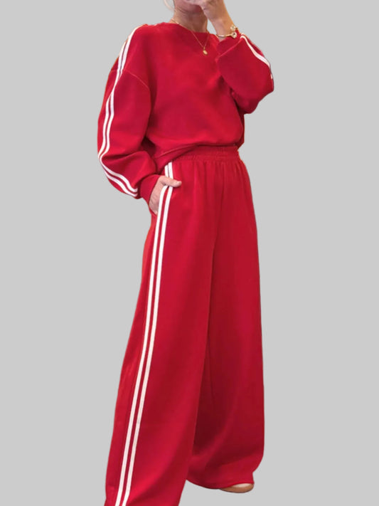 Women Striped Detail Crewneck Top and Elastic Sweatpants 2pcs Set nicholesgifts