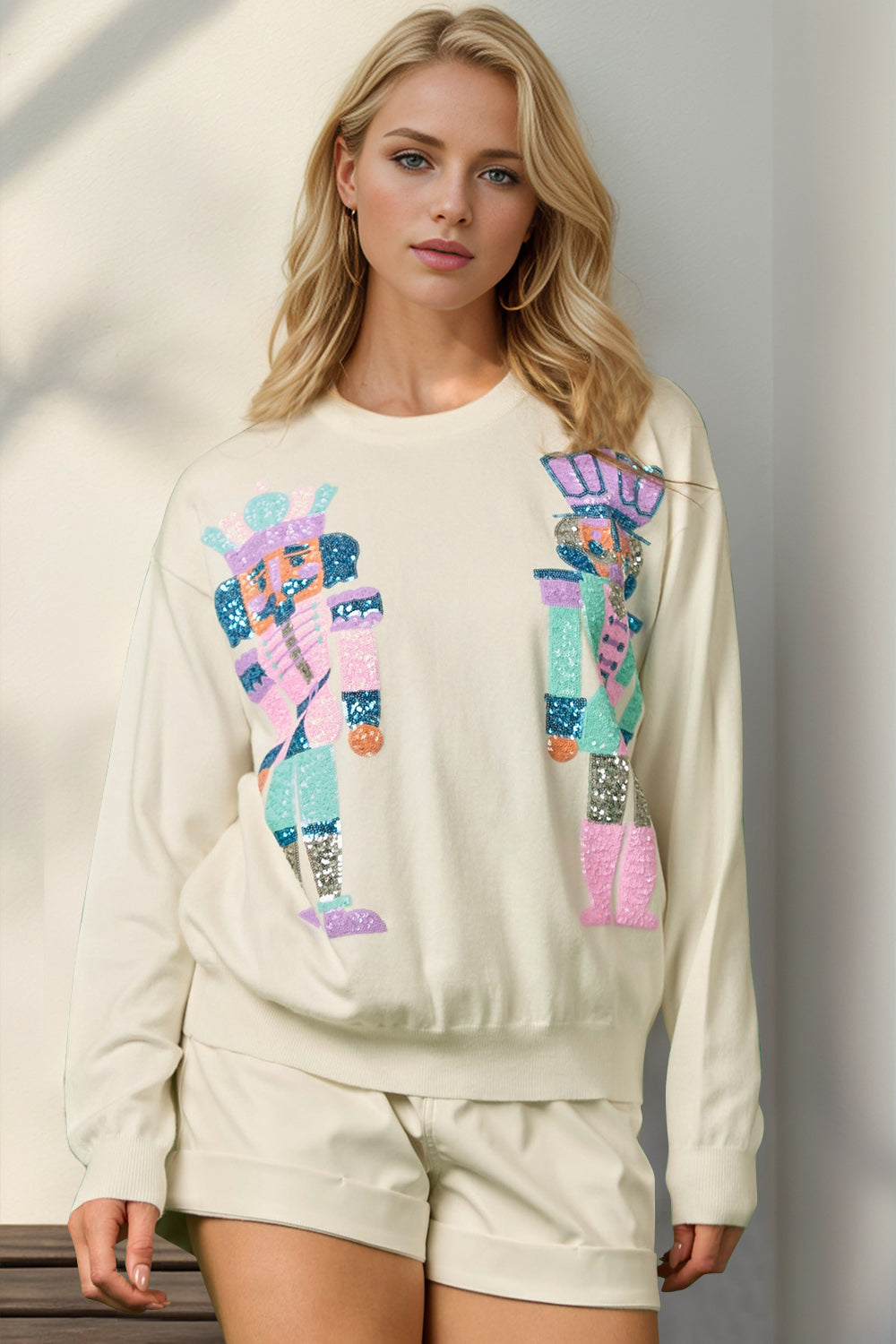 Double Take Full Size Sequin Nutcracker Long Sleeve Sweater NicholesGifts