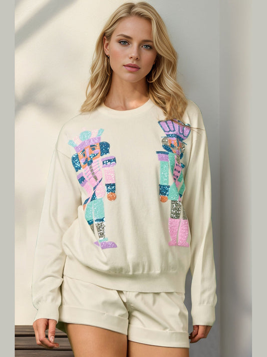 Double Take Full Size Sequin Nutcracker Long Sleeve Sweater NicholesGifts