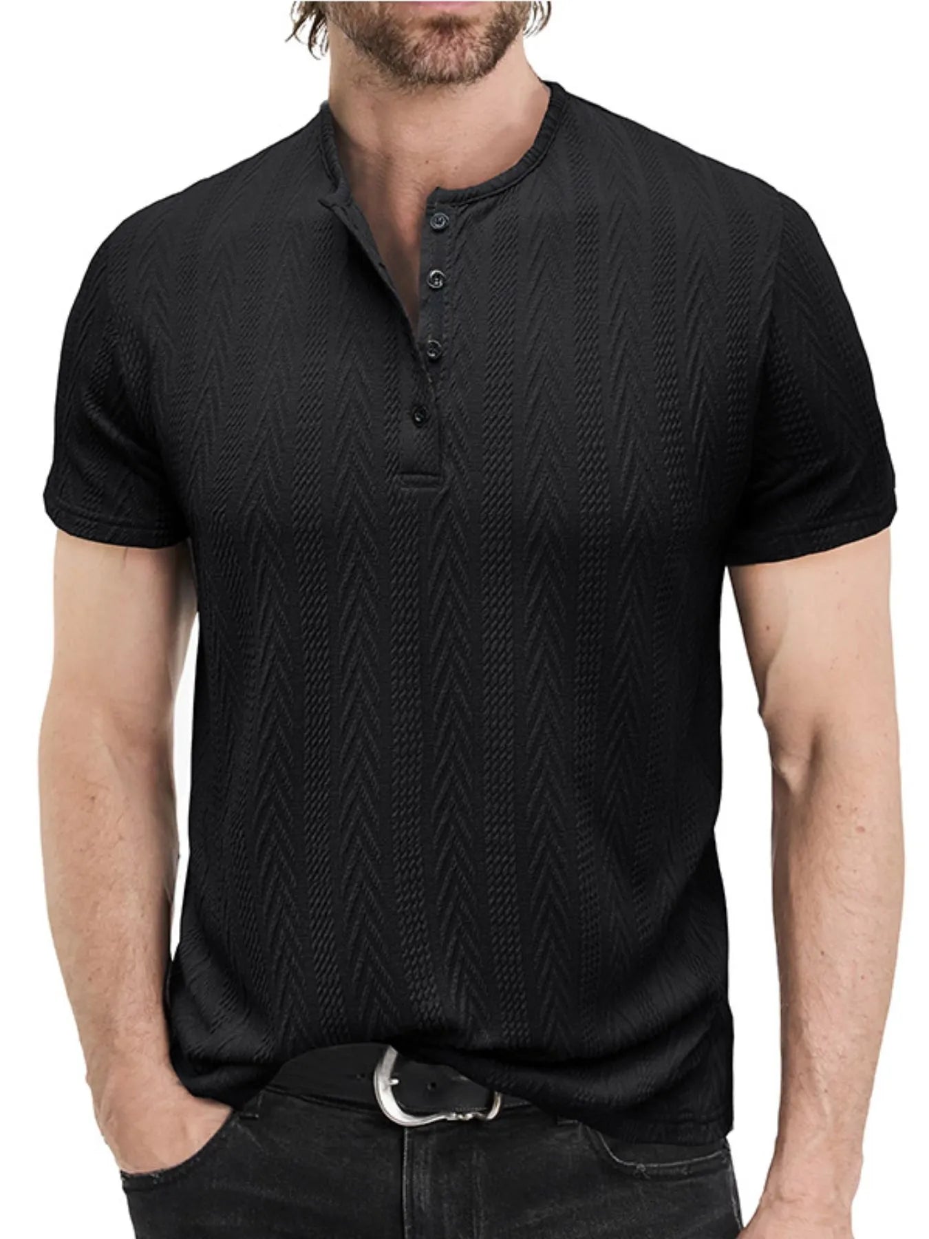Men's Textured Chevron Pattern Henley Polo Short Sleeve Shirt