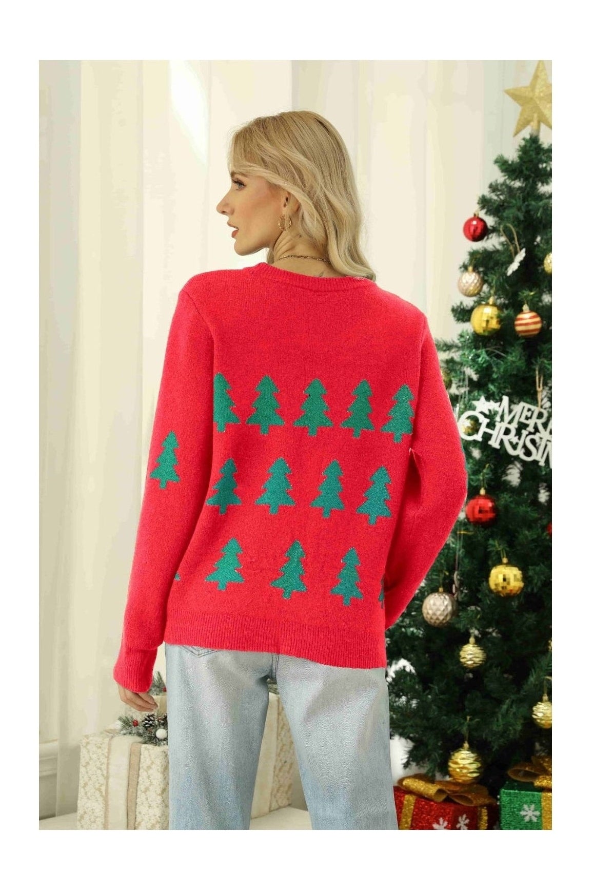 Christmas Tree Round Neck Ribbed Trim Sweater NicholesGifts