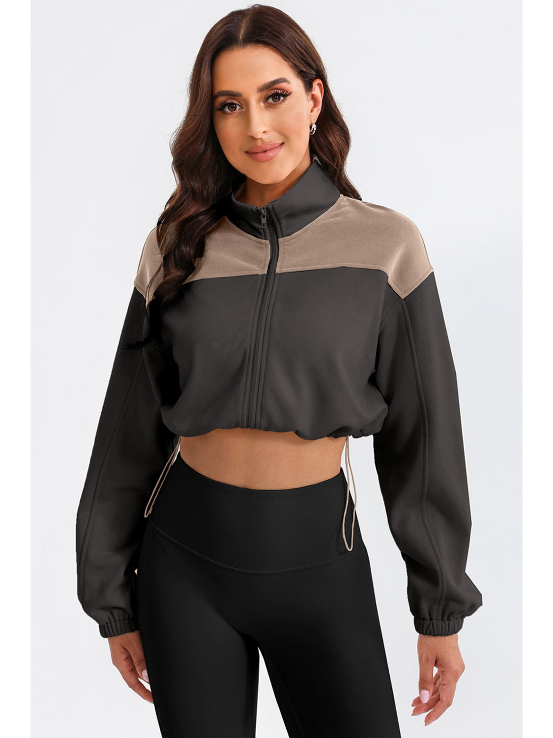 NicholesGifts Women Contrast Drawstring Zip Up Jacket NicholesGifts
