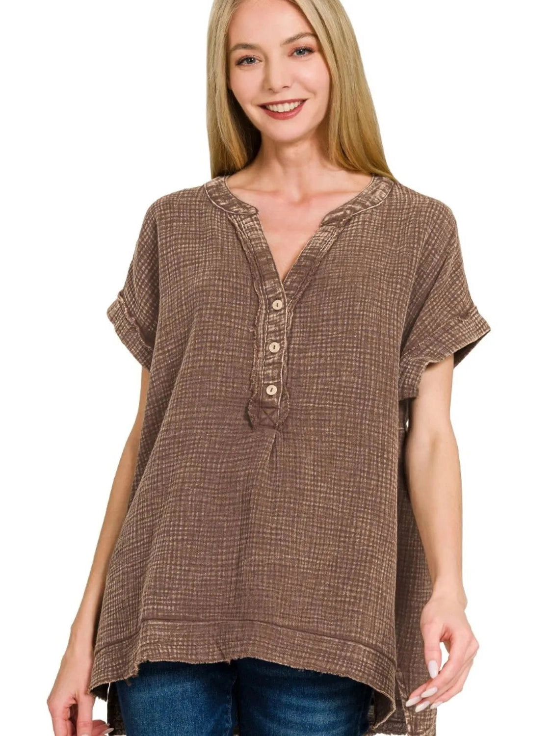 Zenana Washed Double Gauze 3/4 Button Henley Neck Shirt nicholesgifts