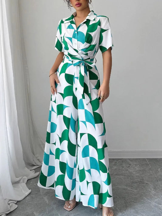 Printed Wide Leg Belted Jumpsuit nicholesgifts