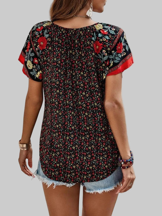 Women Printed Tie Neck Short Sleeve Blouse nicholesgifts
