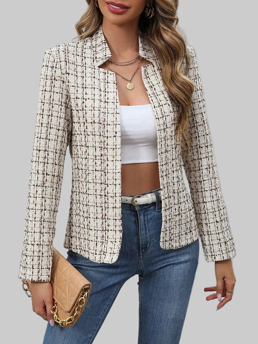 Plaid Open Front Long Sleeve Jacket nicholesgifts