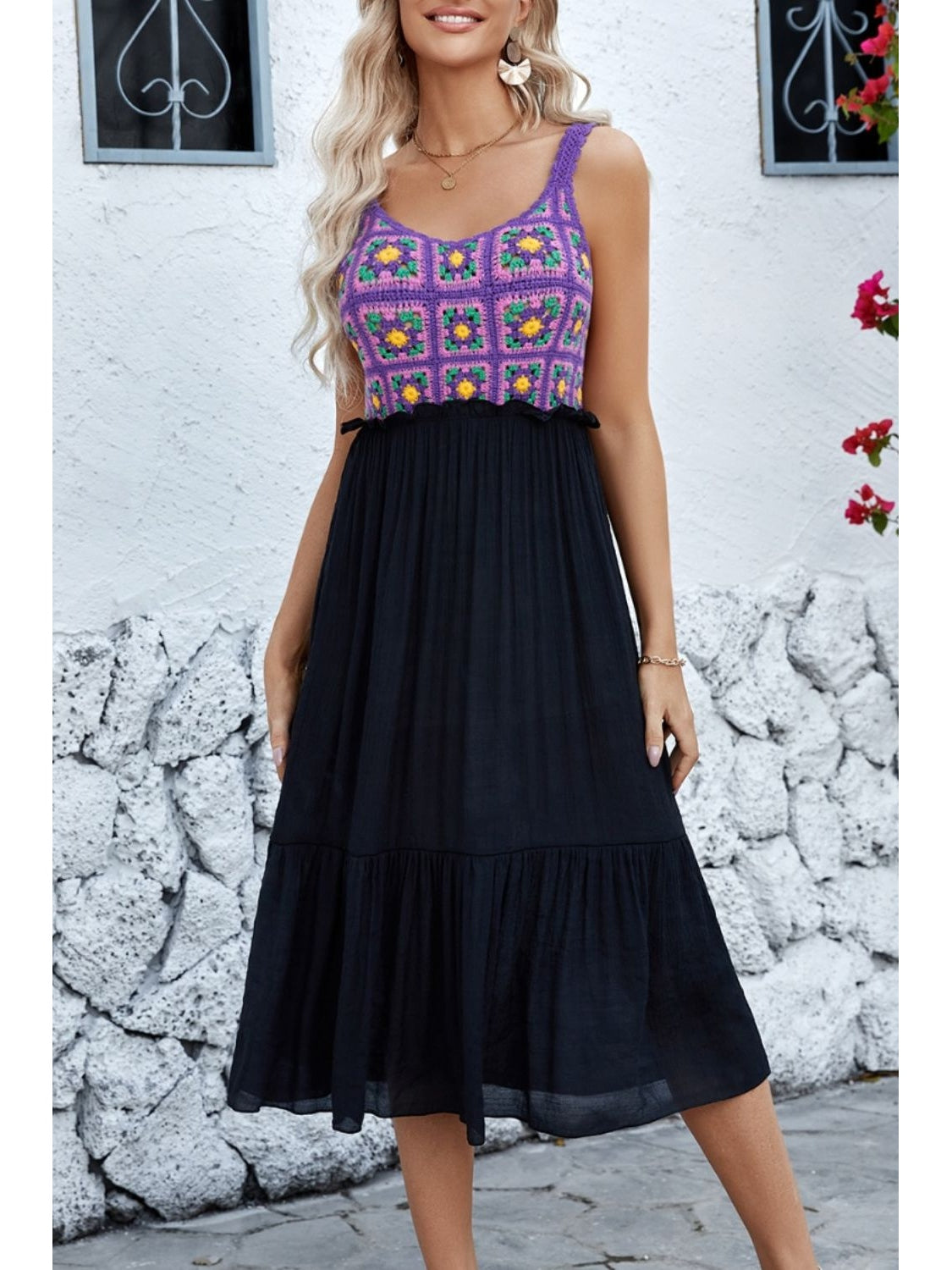 Women Openwork Wide Strap Midi Dress