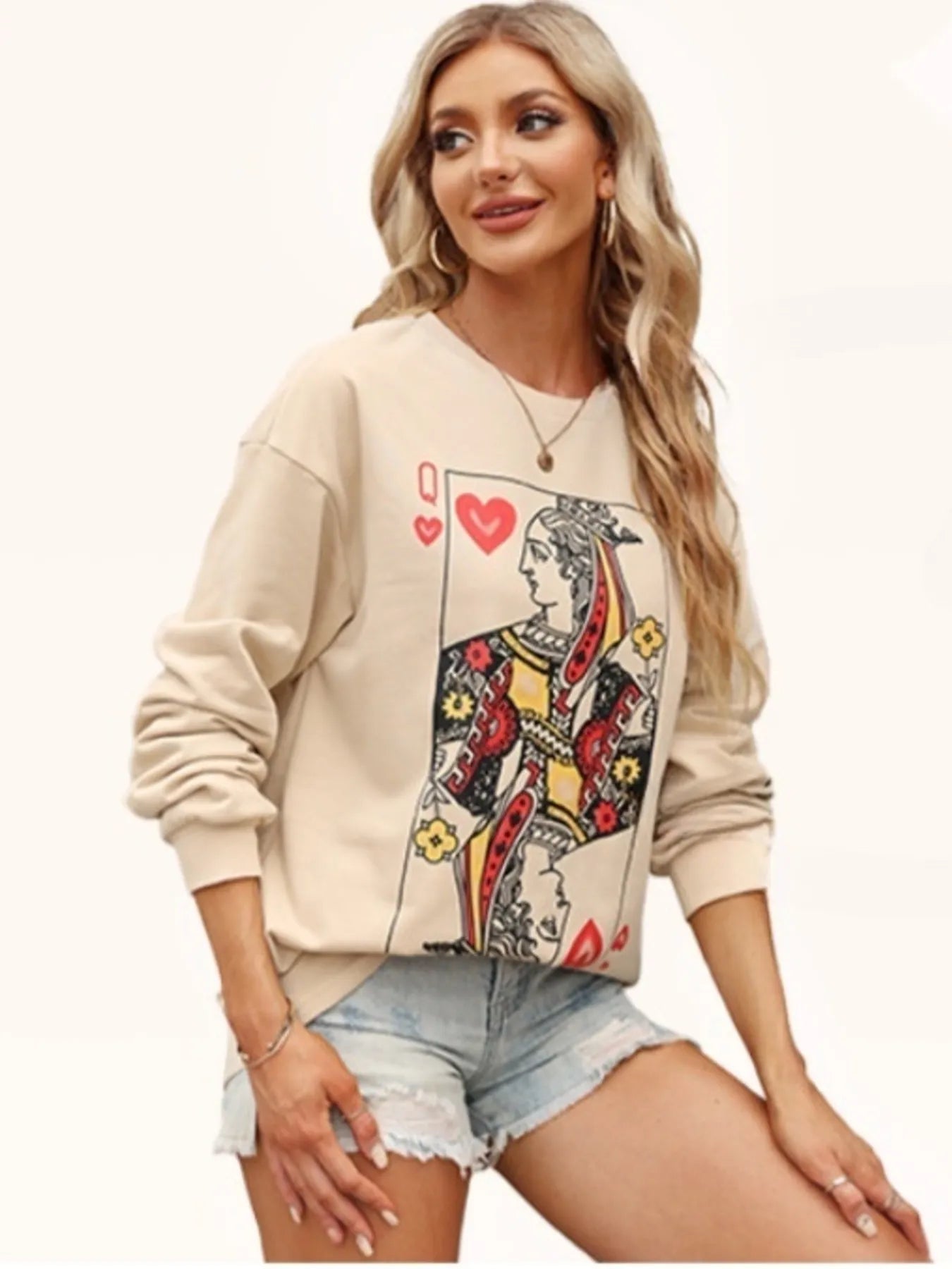 Queen of Hearts Playing Card Graphic Round Neck Sweatshirt NicholesGifts