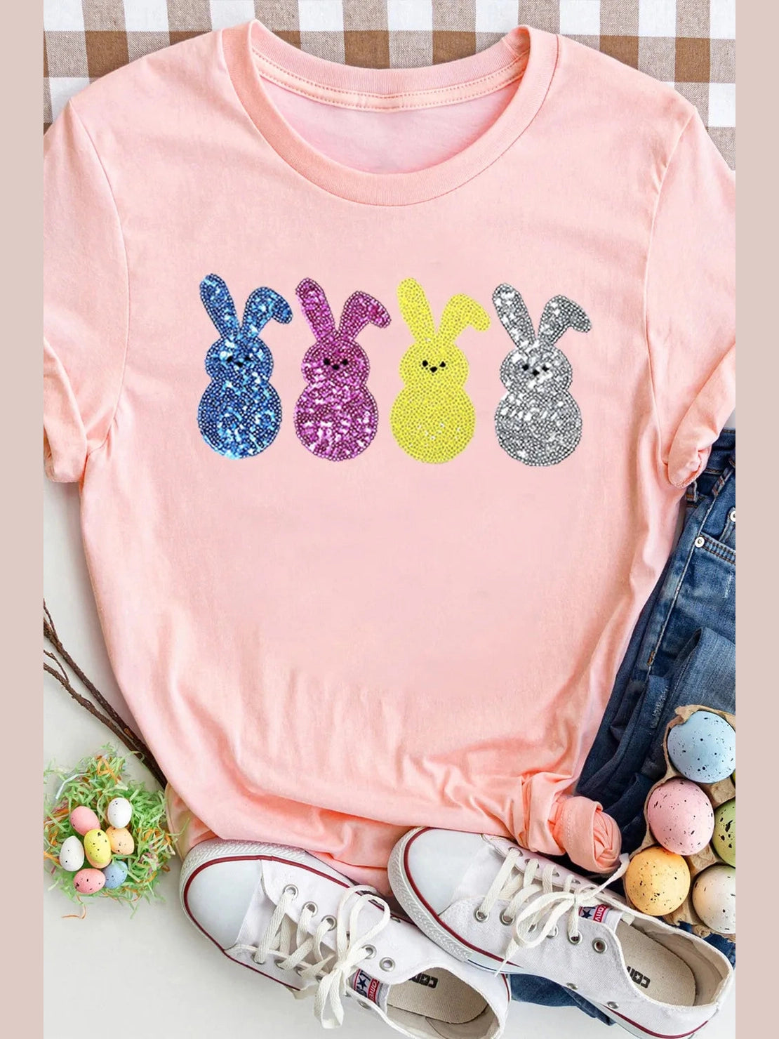 Sequin Bunny Round Neck Short Sleeve T-Shirt nicholesgifts