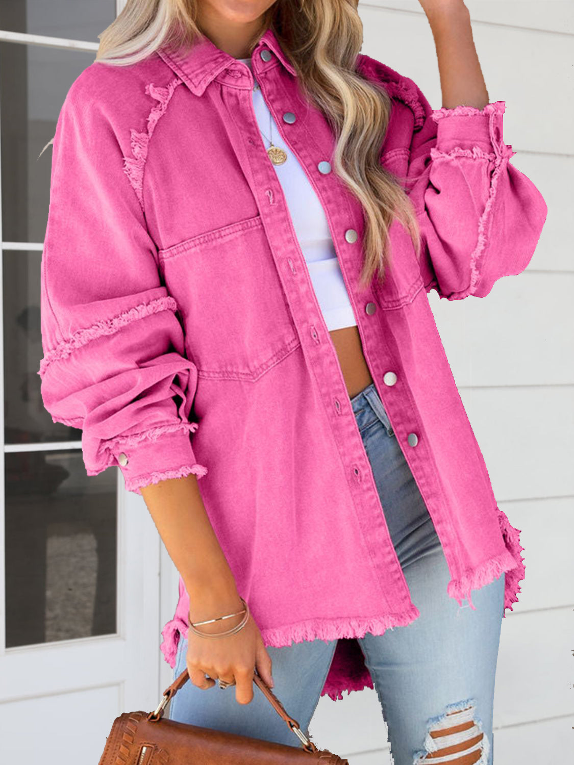 NicholesGifts Women Button Down Raw Hem Denim Jacket NicholesGifts