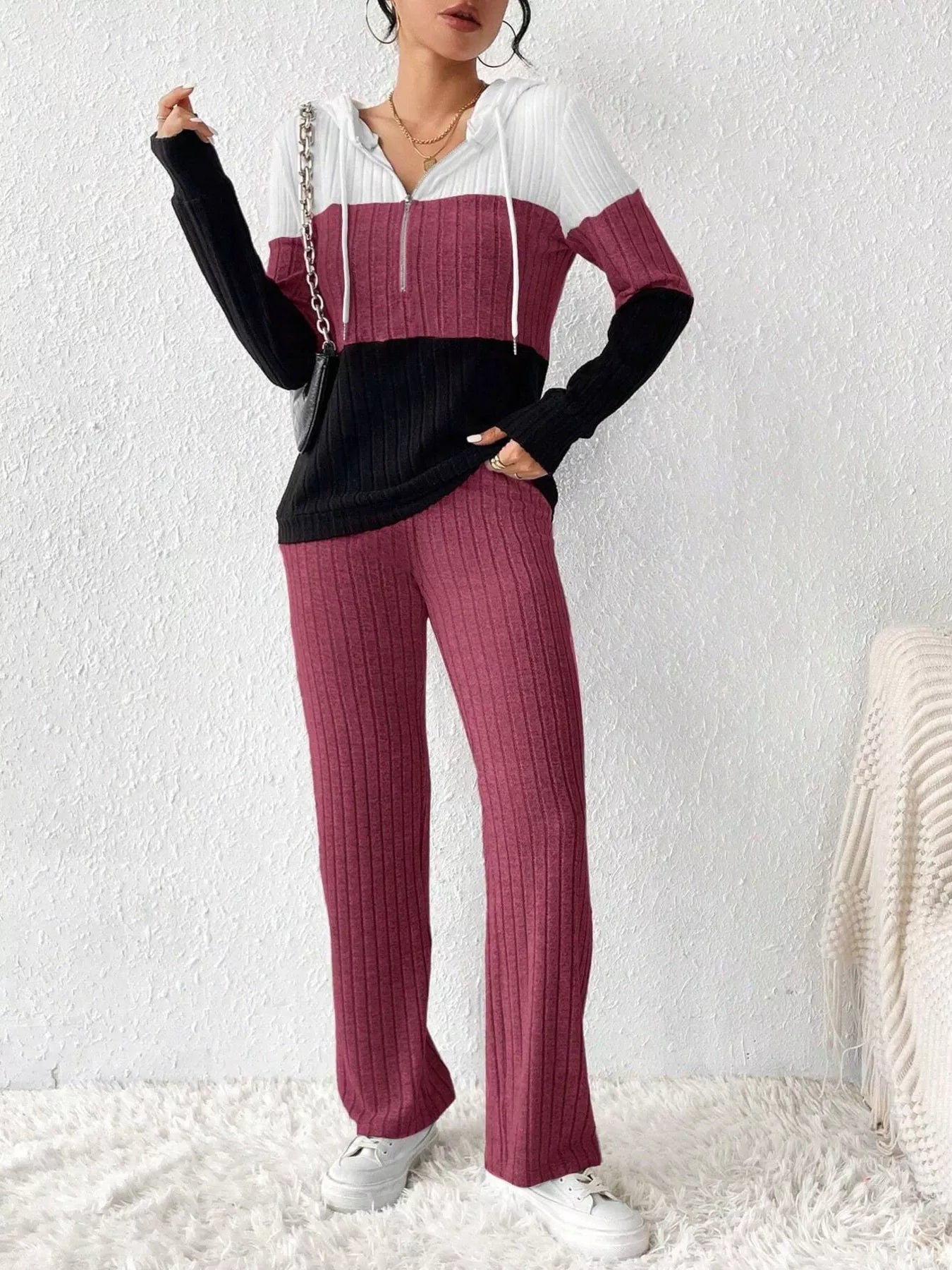 Women Color Block Half Zip Hooded Top and Pants Set NicholesGifts