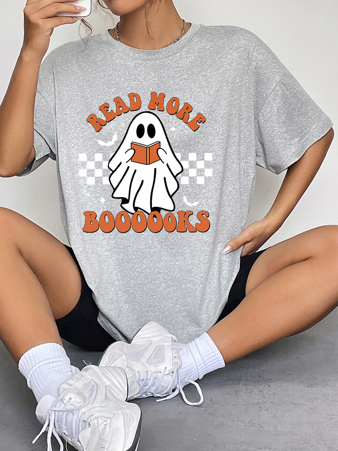 Women Read More Books Round Neck Short Sleeve Ghost Graphic T-Shirt NicholesGifts