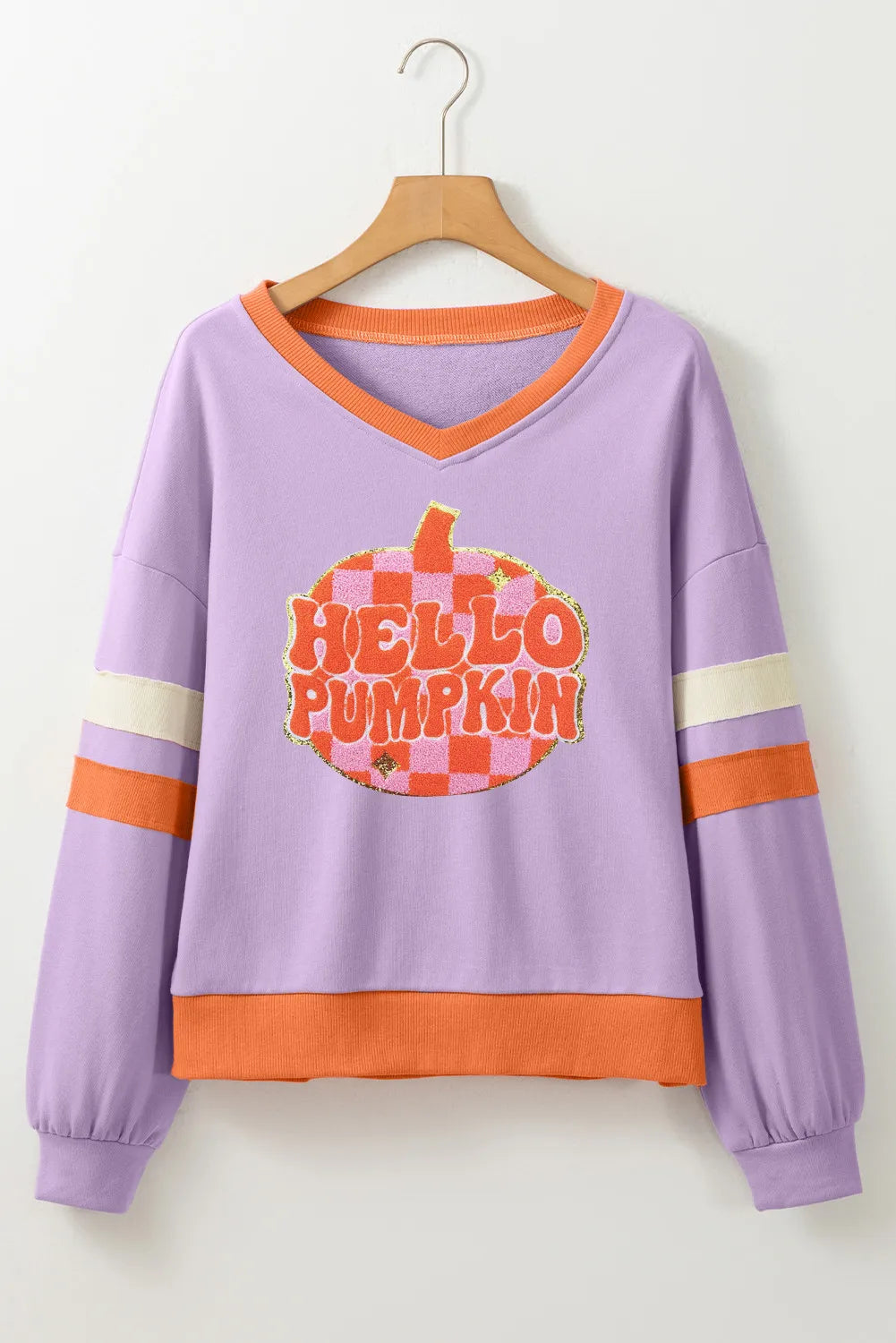 Women Contrast V-Neck Long Sleeve Lavender Colored Thanksgiving Sweatshirt NicholesGifts