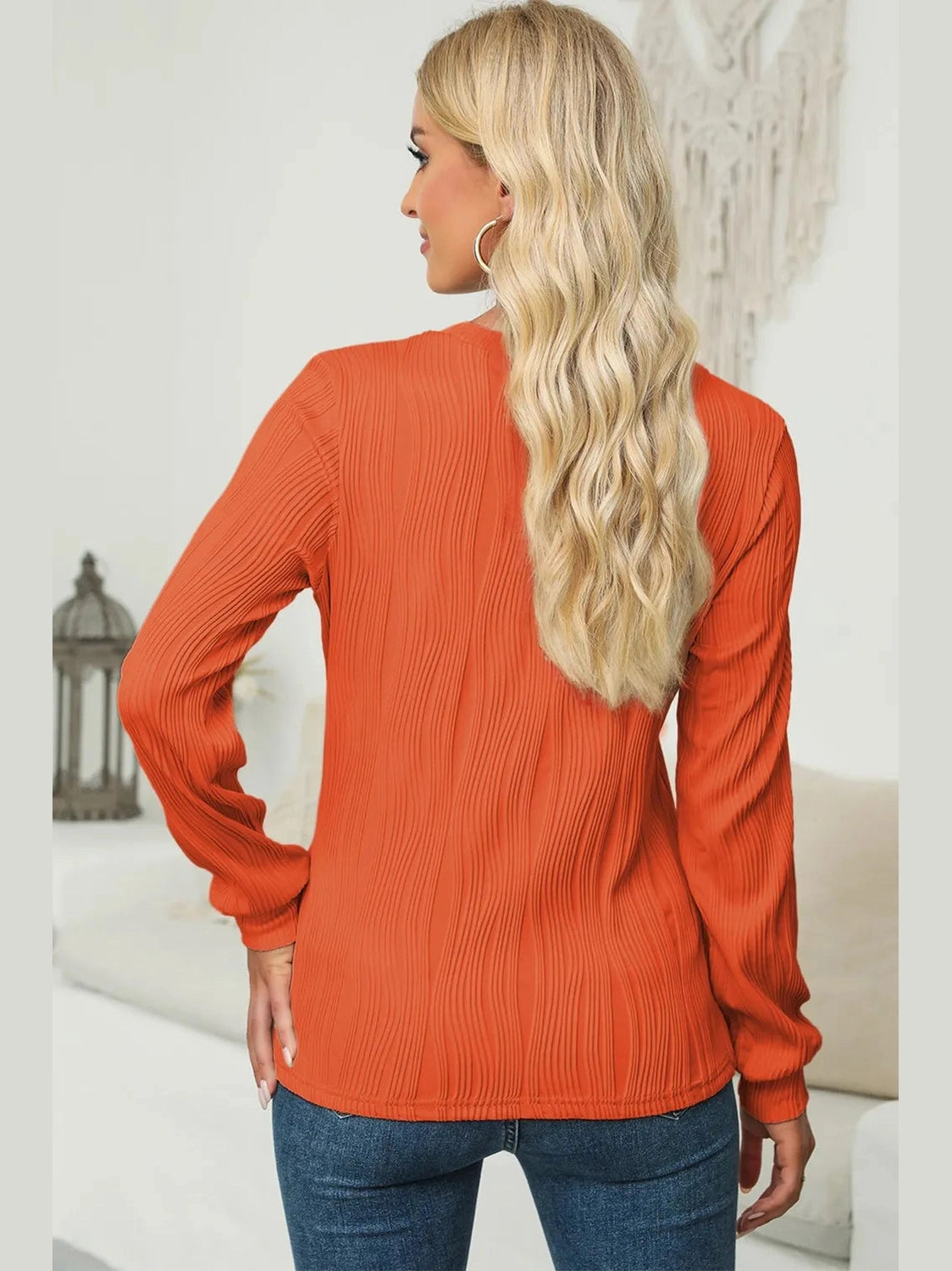 Textured Round Neck Long Sleeve Blouse NicholesGifts
