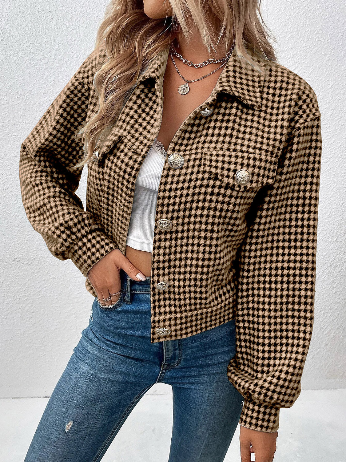 Houndstooth Collared Neck Button Up Jacket NicholesGifts