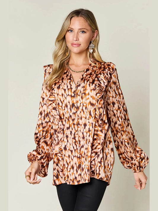 Double Take Full Size Printed Ruffle Trim Balloon Sleeve Shirt nicholesgifts