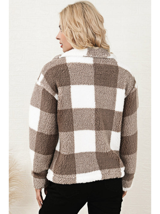 Plaid Collared Neck Drop Shoulder Jacket