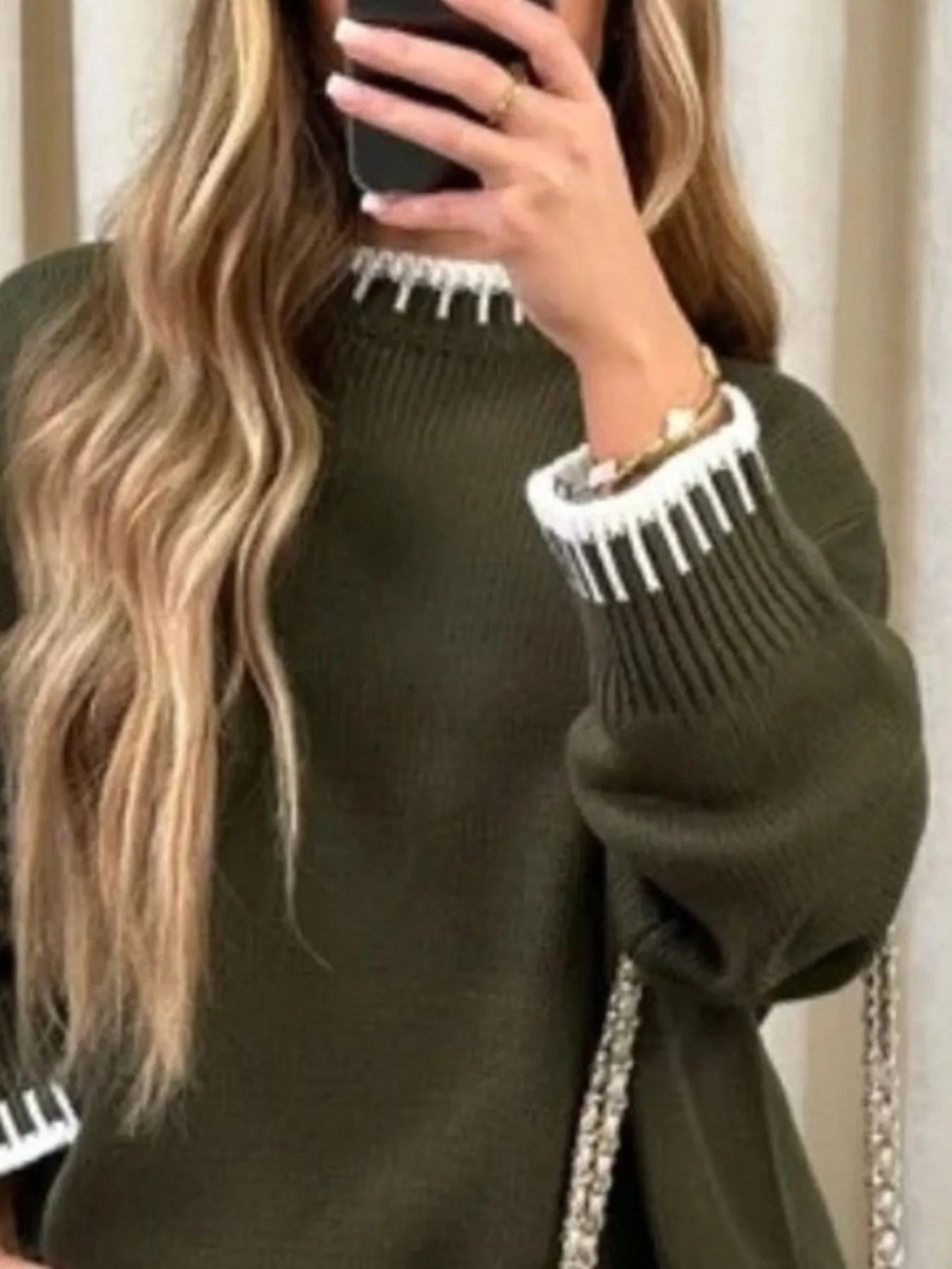 Contrast Trim Round Neck Top and Pants Sweater Set NicholesGifts