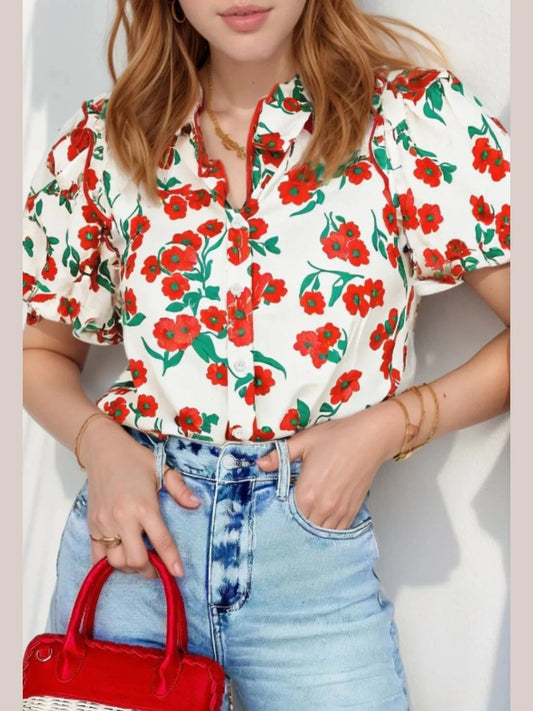 Printed V-Neck Short Sleeve Shirt Trendsi