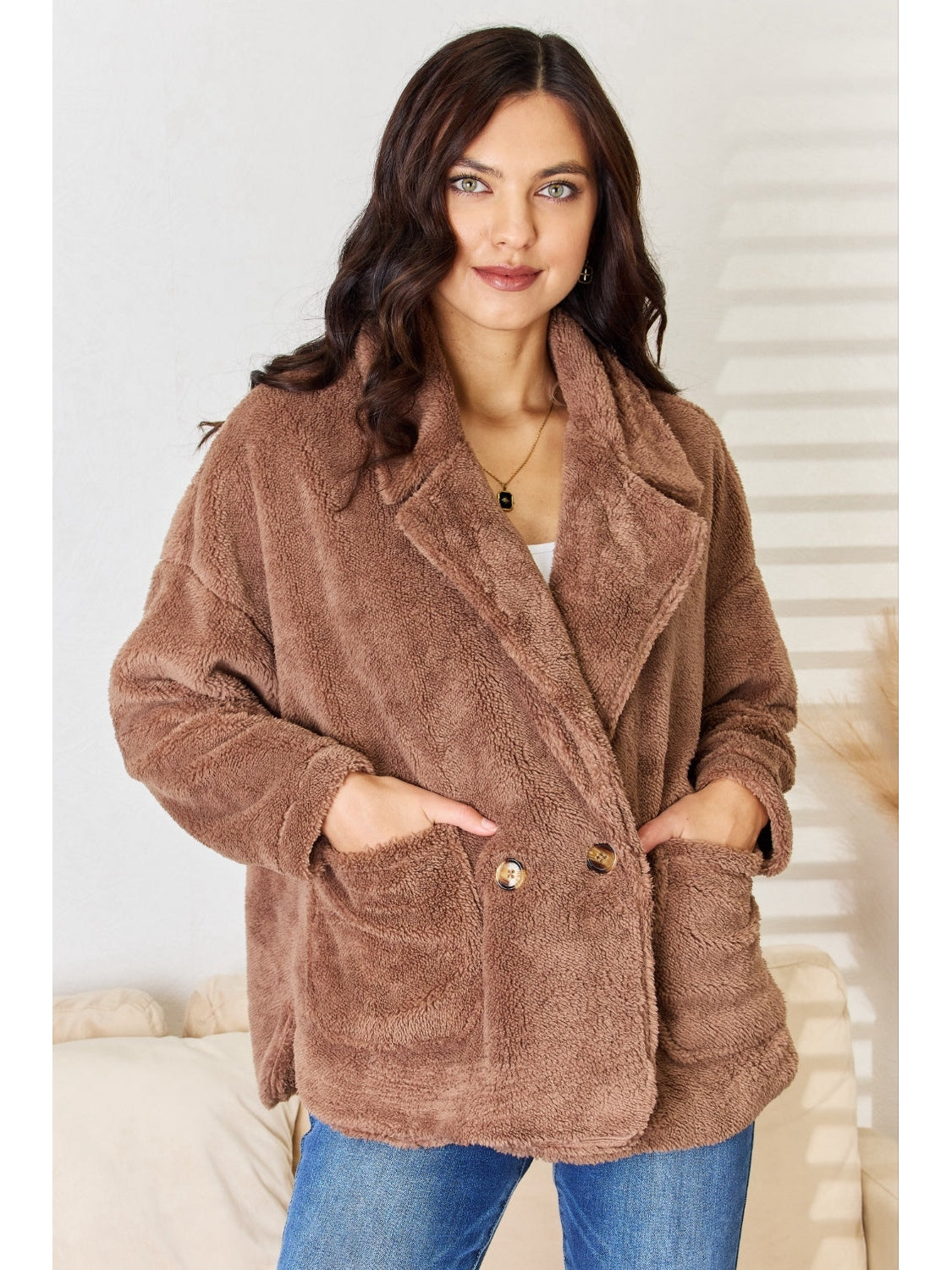 NicholesGifts Women Culture Code Double Breasted Fuzzy Coat NicholesGifts